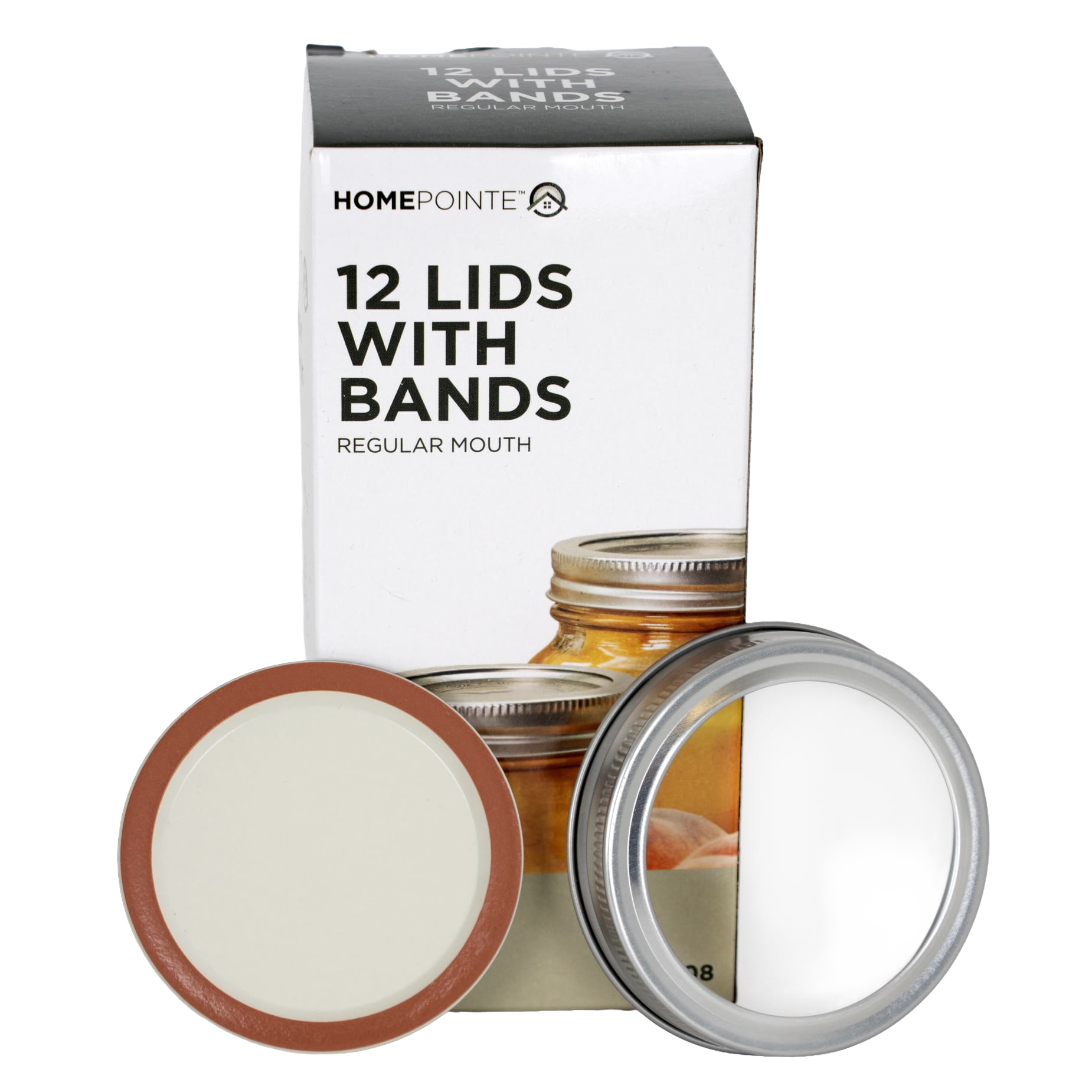 Box of 12 regular-mouth canning lids with silver bands and rust-colored sealing rings in kitchenware collection under $50