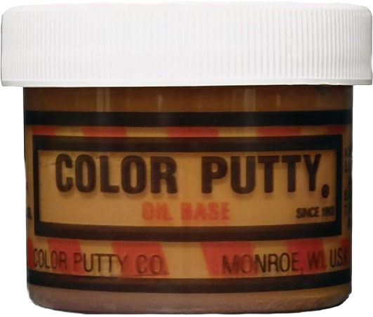 Small container of oil-based wood filler putty in pecan color for home improvement projects