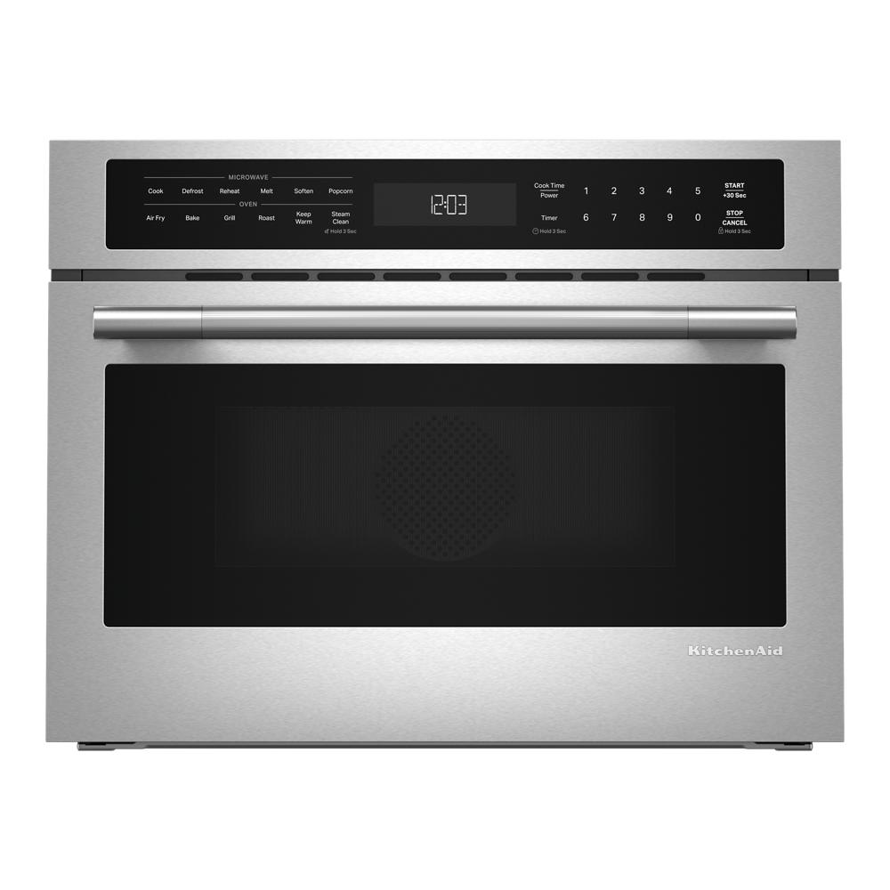 Built-in 24-inch stainless steel convection microwave oven with digital controls for kitchen appliances and wall ovens