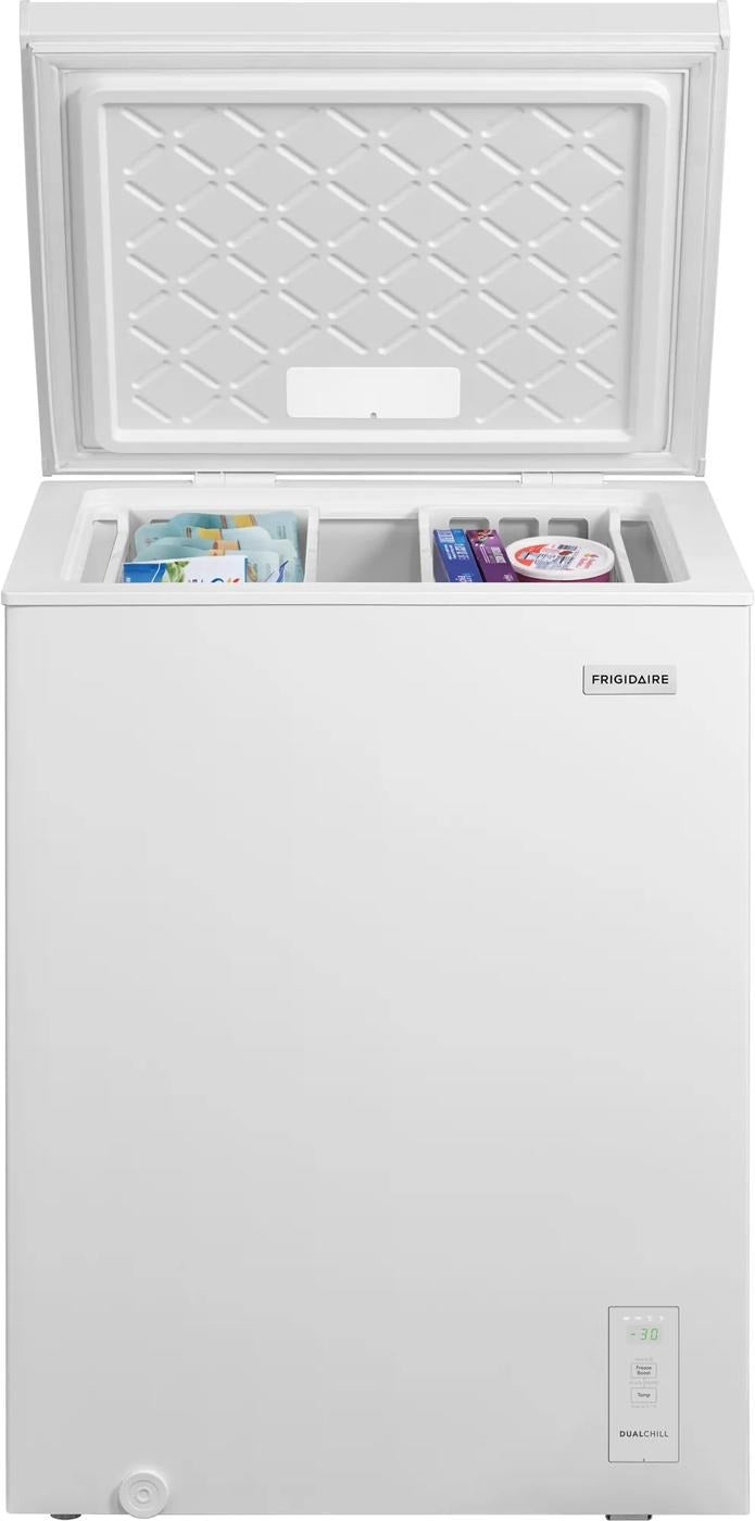 White garage-ready chest freezer with open lid, divided interior baskets holding frozen foods, and a digital control panel, ideal for home improvement in Freezers & Ice Makers and Kitchen & Kitchenware collections.