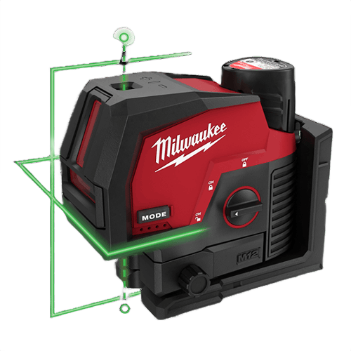Milwaukee green cross line and plumb points laser in red and black for precise measuring and leveling tools collections