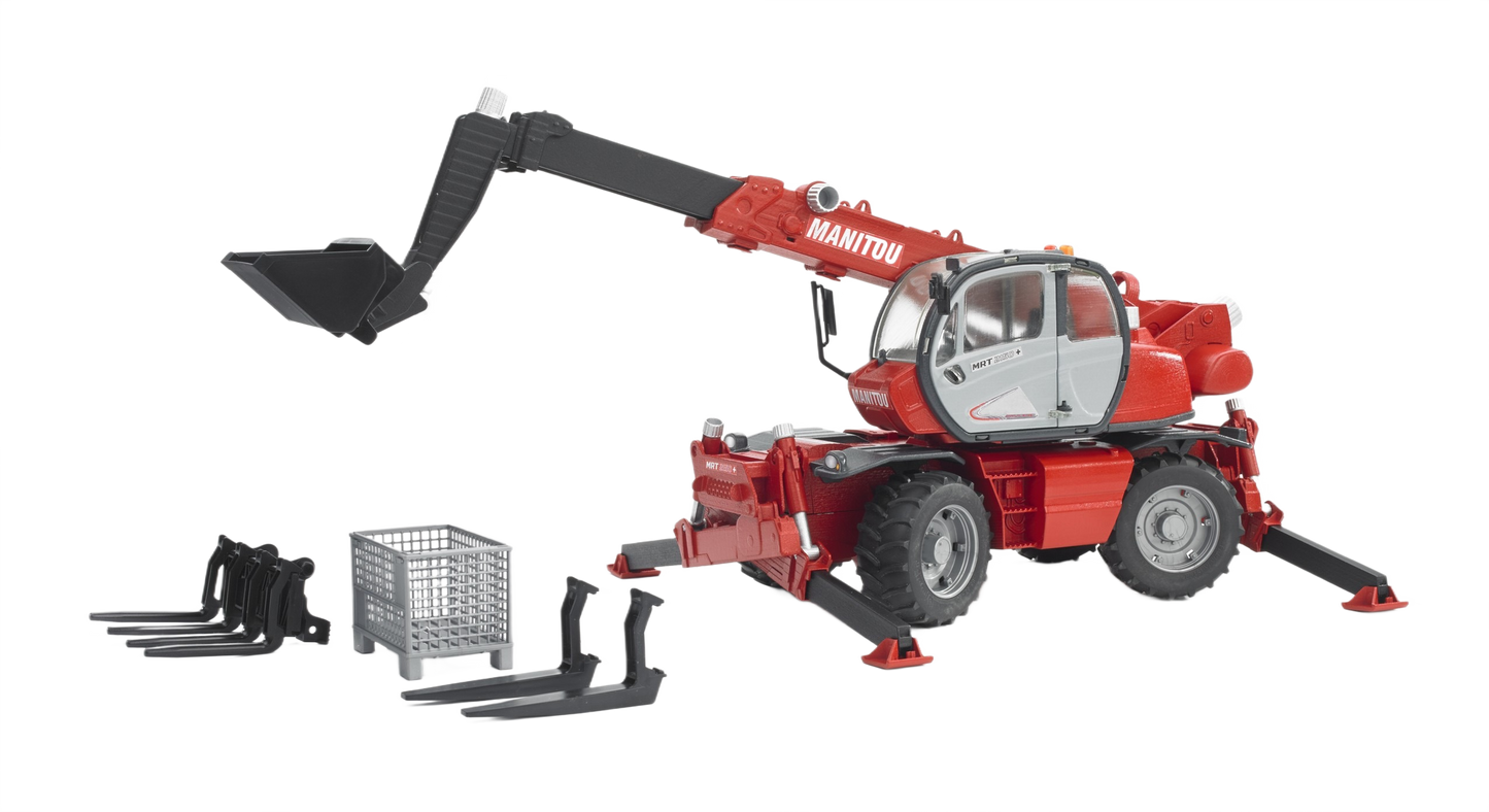 Red Bruder Toys Manitou telehandler model with extendable boom, bucket, and additional attachments for construction play