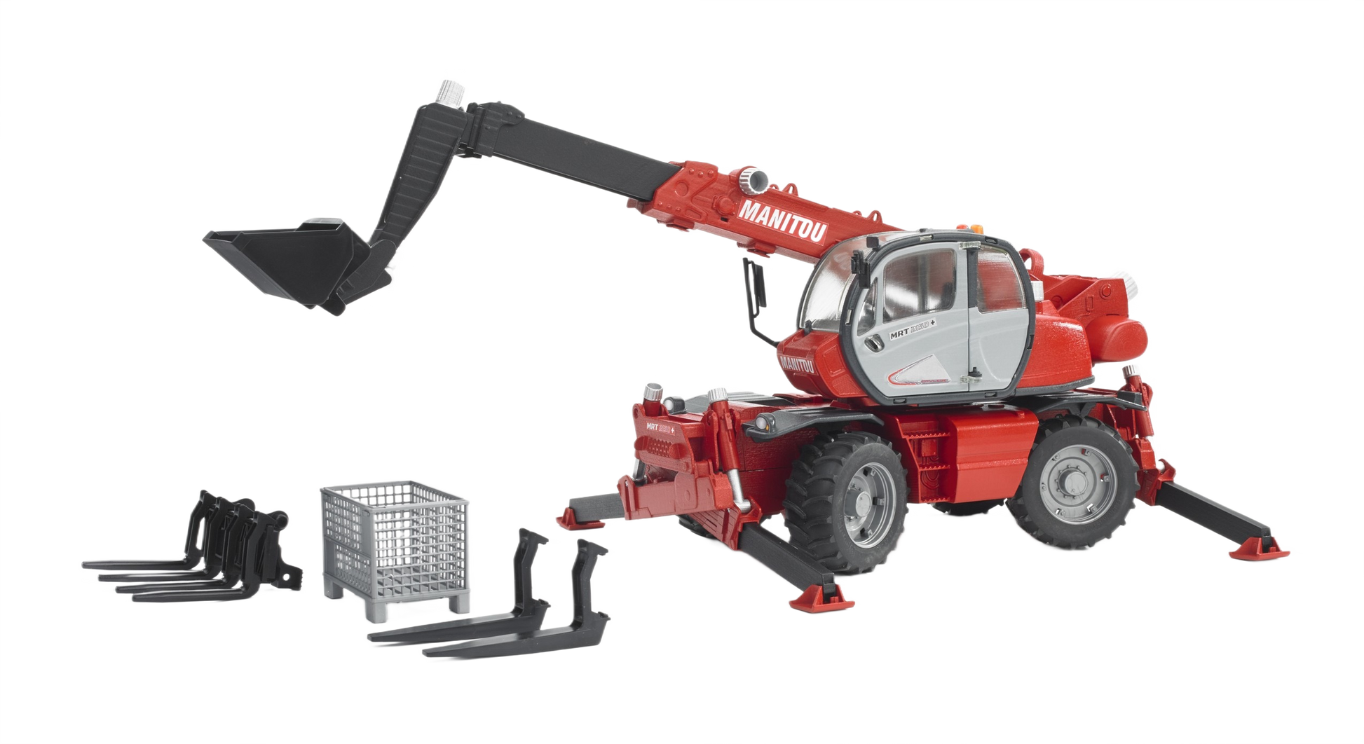 Red Bruder Toys Manitou telehandler model with extendable boom, bucket, and additional attachments for construction play