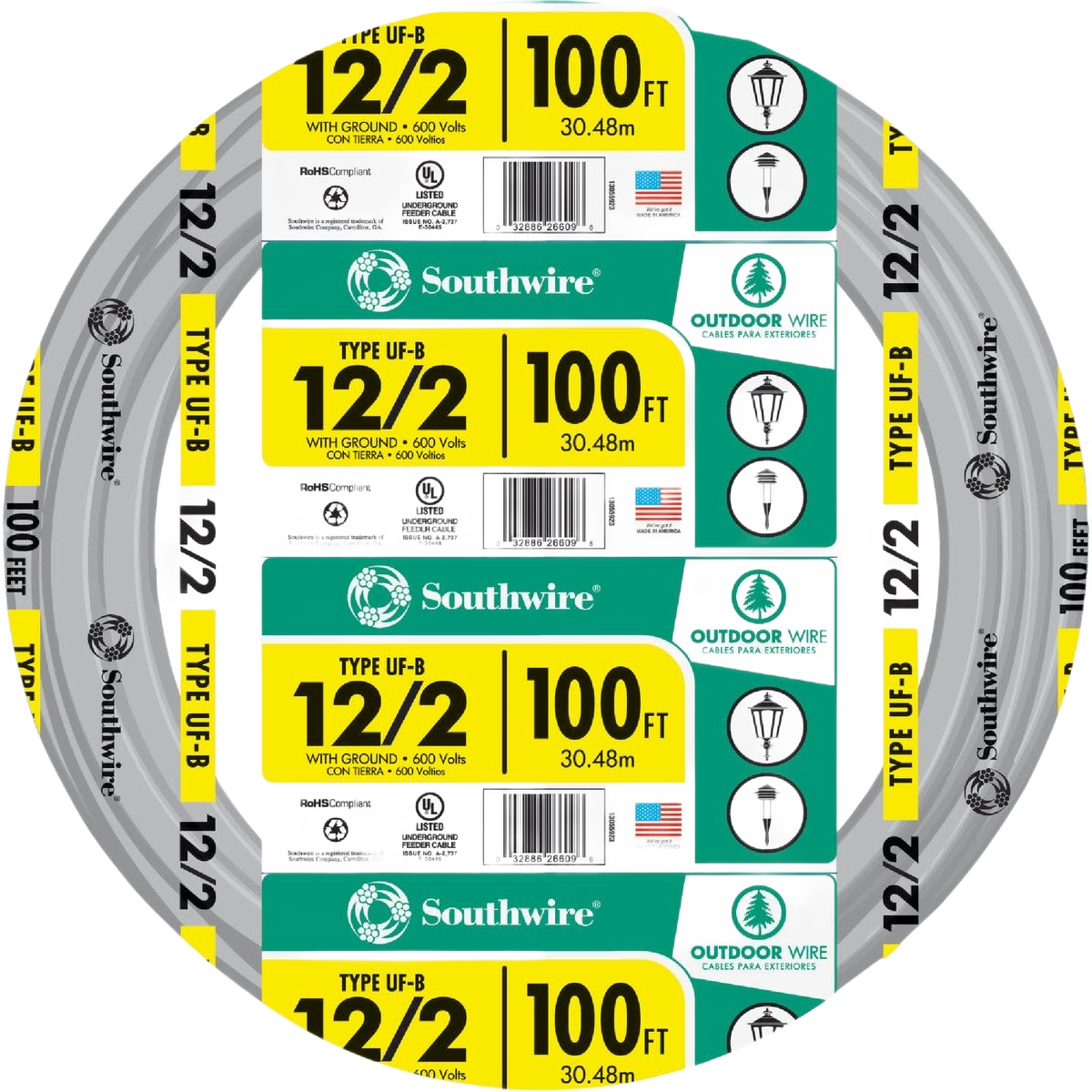 Roll of Southwire 12/2 type UF-B outdoor electrical wire labeled for 100 feet in building wire collection