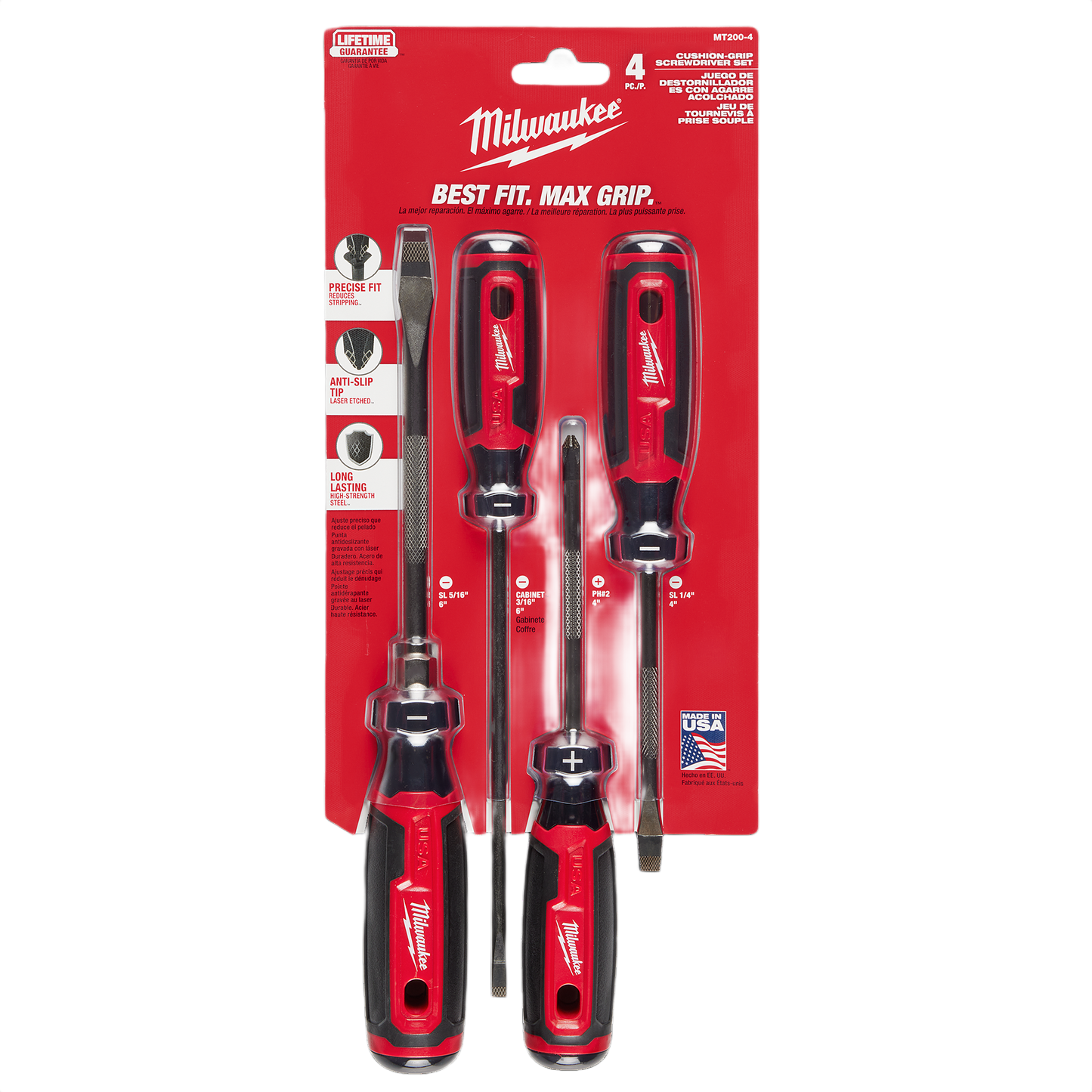 Set of four Milwaukee screwdrivers with red and black cushion grips for tools and home improvement projects