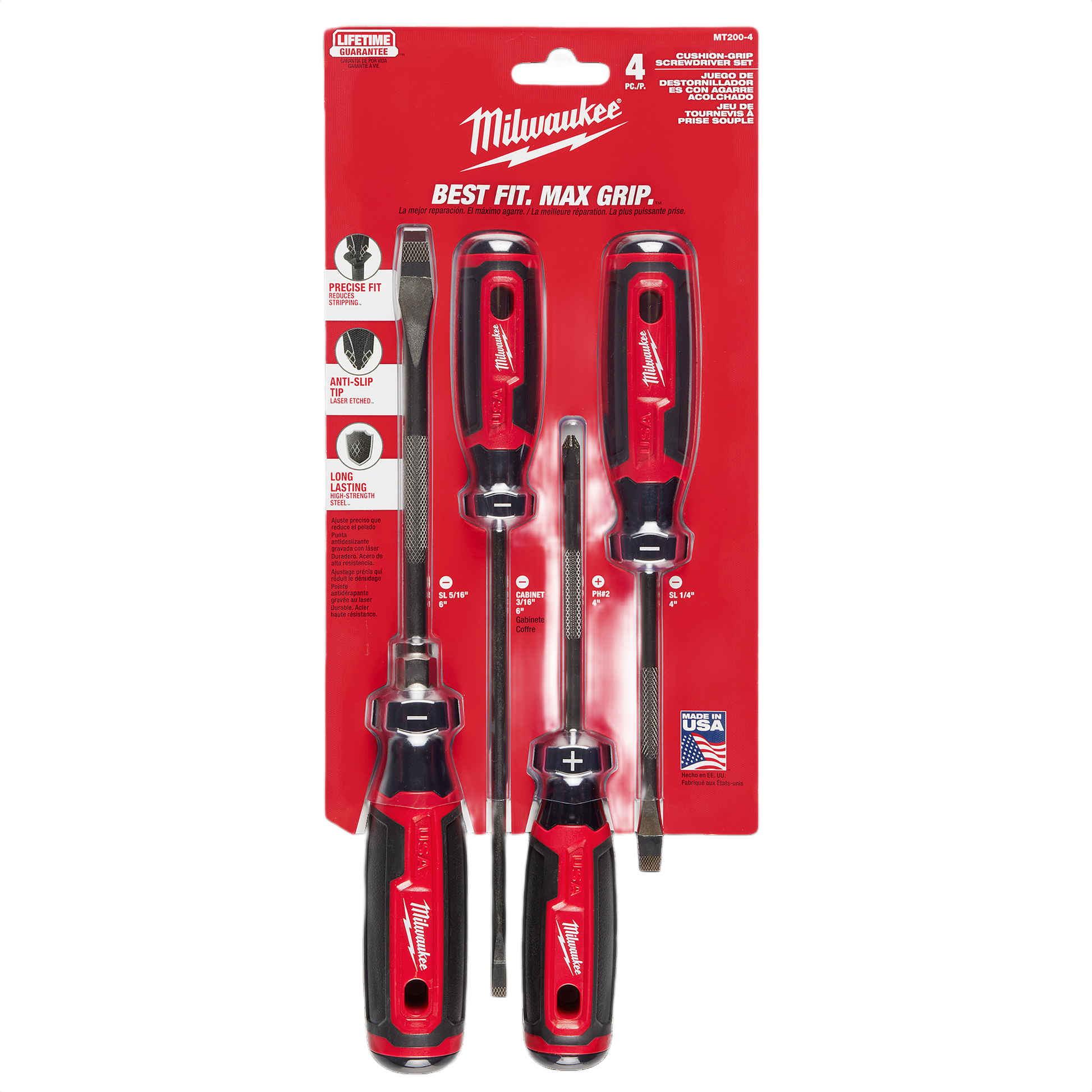 Set of four Milwaukee screwdrivers with red and black cushion grips for tools and home improvement projects