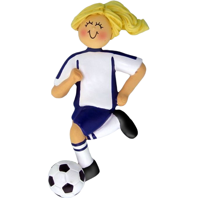 Blonde female soccer player figurine in white and blue uniform with black cleats kicking black and white soccer ball Christmas decor