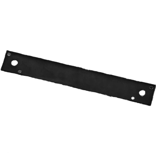 Black flat strap brace with multiple bolt clearance holes for reinforcing corners in building hardware collections