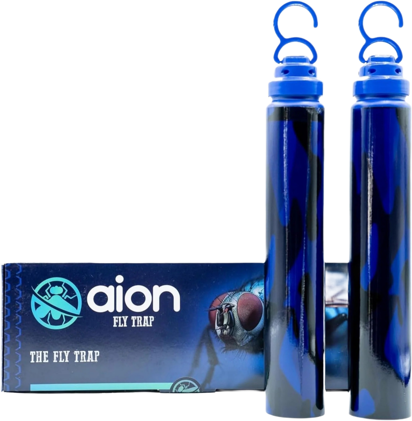 Two blue cylindrical fly traps with hanging hooks in front of a blue Aion Fly Trap box for insect control