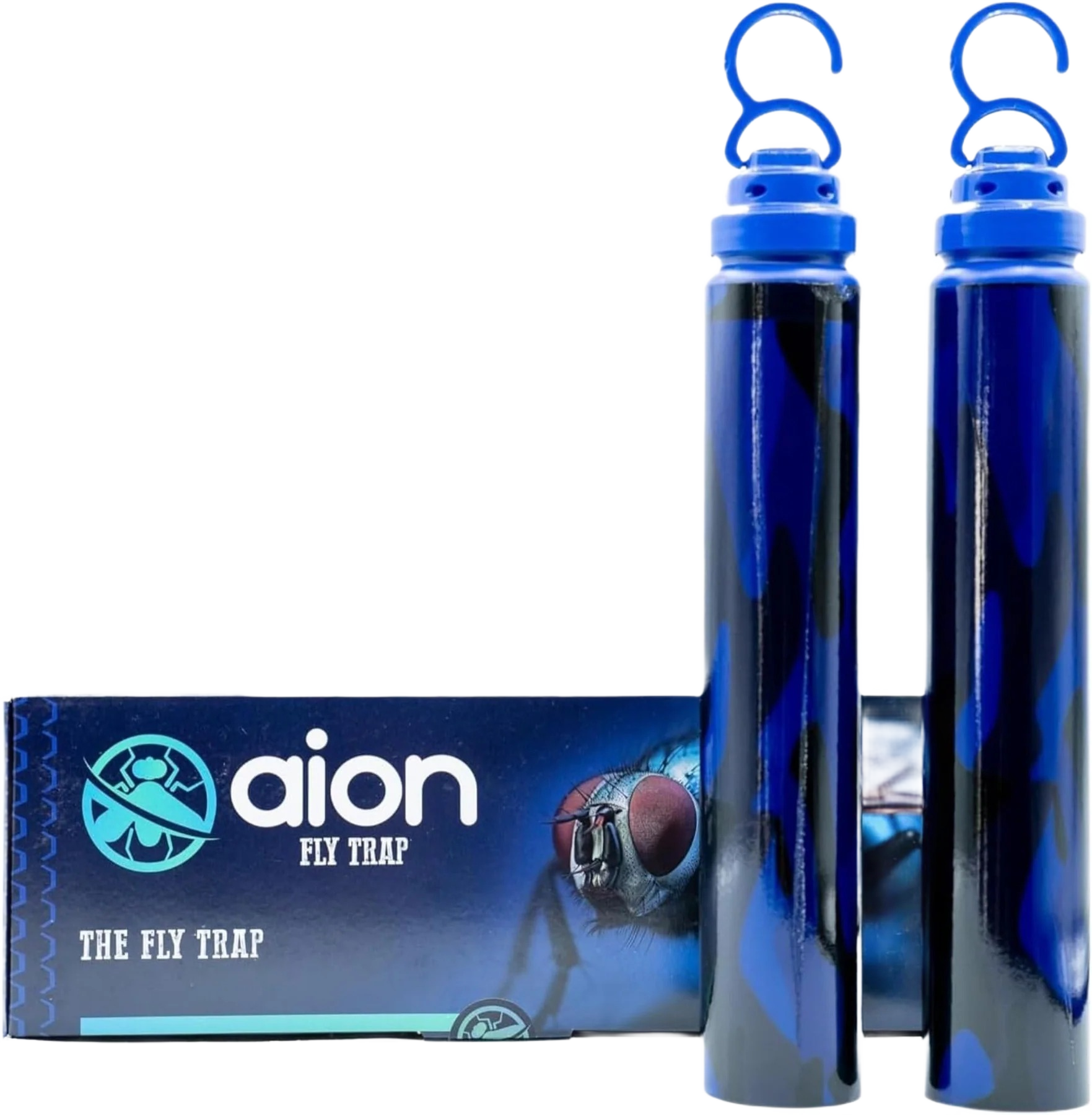 Two blue cylindrical fly traps with hanging hooks in front of a blue Aion Fly Trap box for insect control