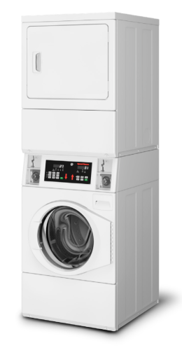 White commercial coin-operated front control stack washer and gas dryer in Appliance laundry centers and Washer/Dryer Combos collections