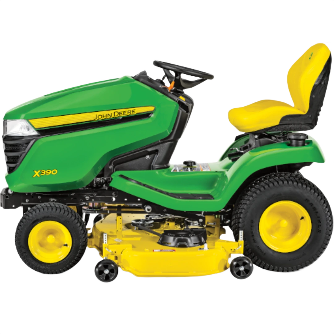 Green and yellow John Deere riding mower with ergonomic yellow seat and 48-inch cutting deck for home lawn care tasks