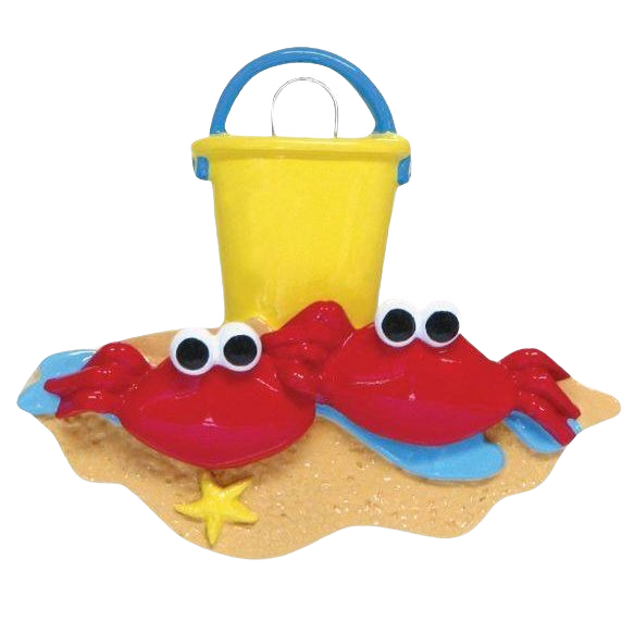 Two red crabs with big eyes on sand next to a yellow bucket in Christmas Ornaments & Tree Decorations collection