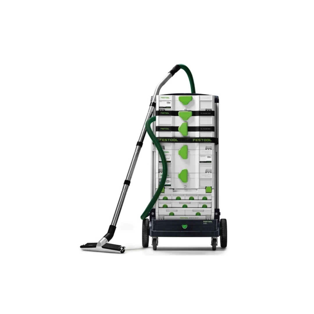 Mobile Festool dust extractor with green hose and aluminum floor nozzle for woodworking dust collection and shop vacuum use