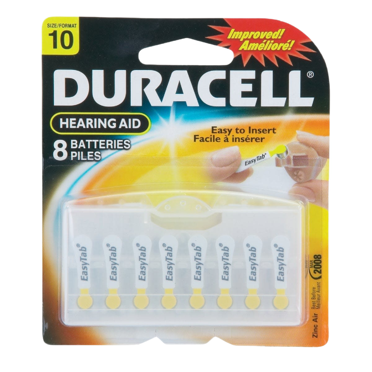 Package of eight size 10 Duracell Easytab hearing aid batteries with easy-to-insert design and zinc air power source