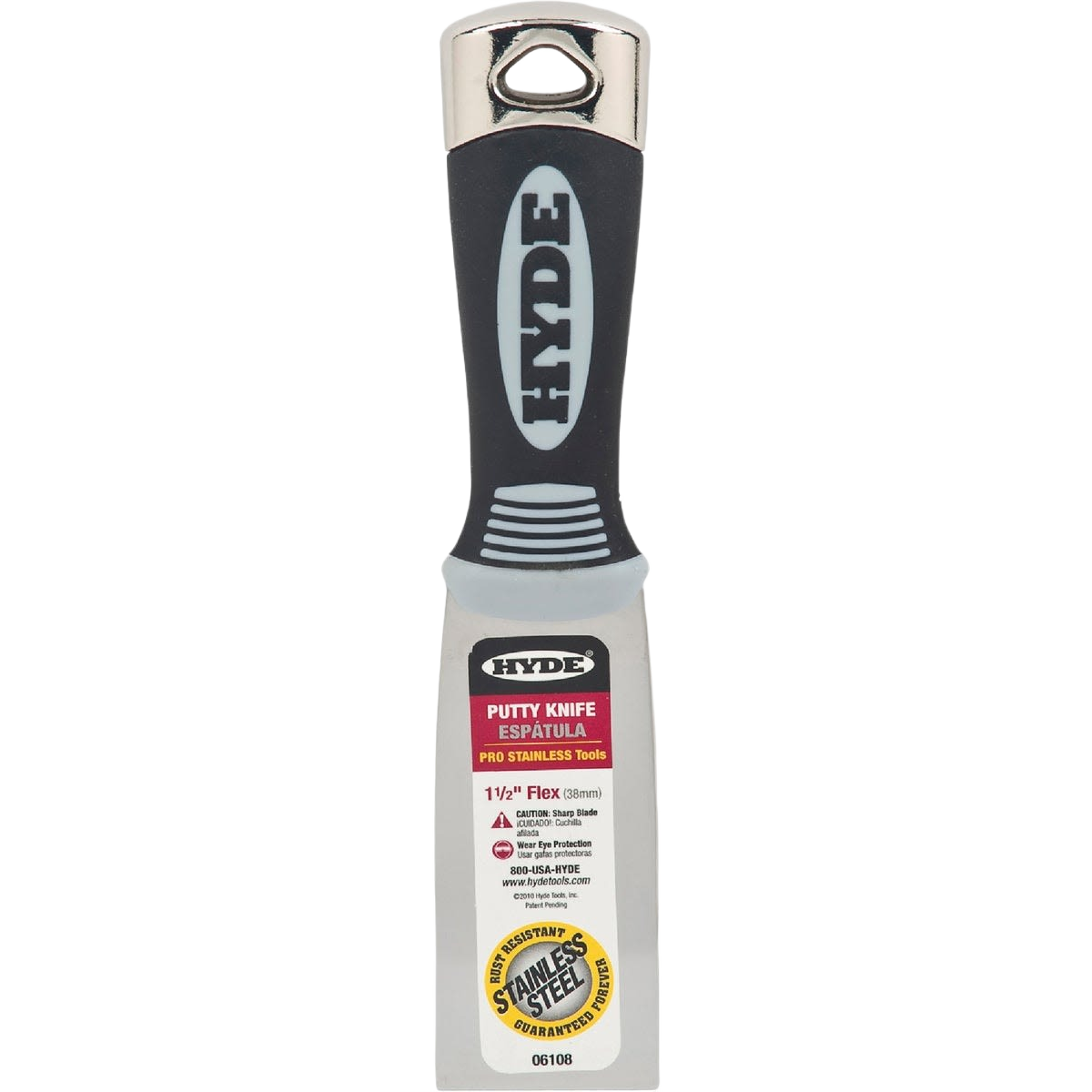 Compact Hyde Pro 1-1/2 inch stainless steel flex putty knife with ergonomic grip for paint and home improvement tasks