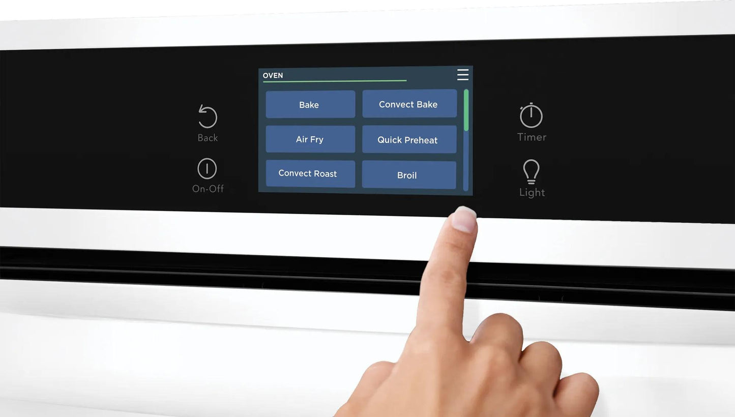 Hand interacting with digital control panel on a white electric wall oven displaying cooking mode options, part of Single Wall Ovens, Kitchen & Kitchenware, Appliances collections.