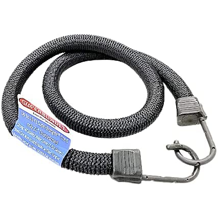 Black braided bungee cord with metal hooks for securing items in home improvement and tools applications