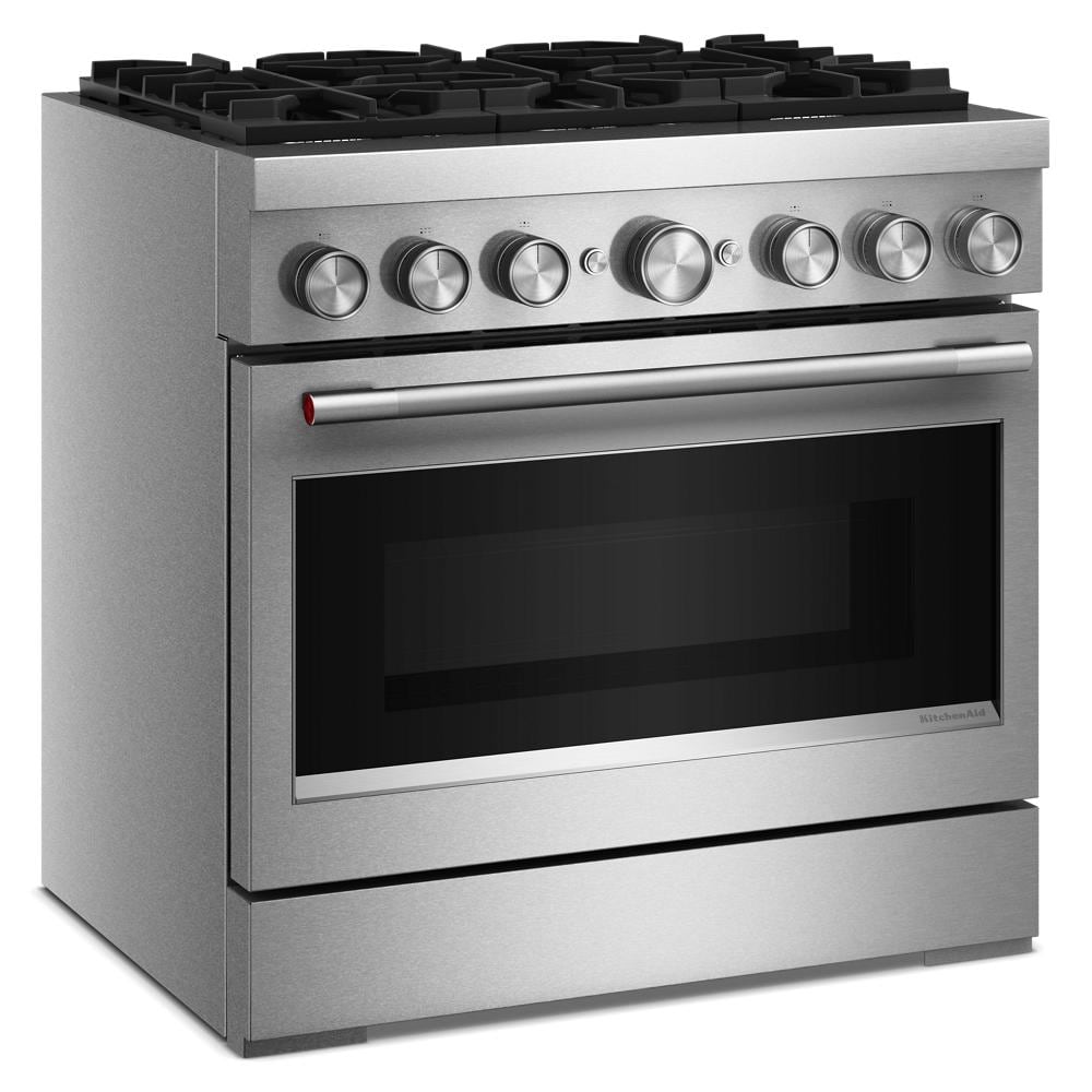 36-inch stainless steel commercial-style dual fuel range with six burners and large electric oven door for kitchen appliances