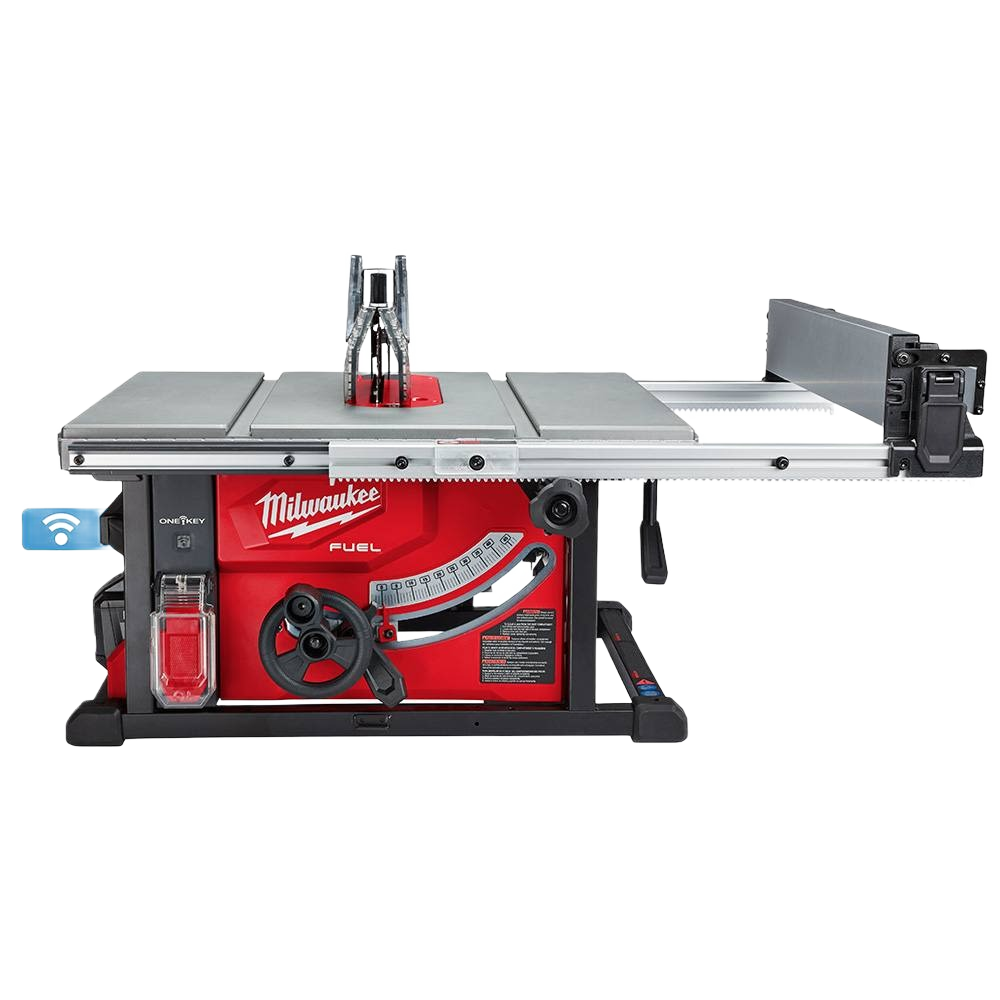 Red and black Milwaukee M18 FUEL table saw with One-Key technology for woodworking power tools and home improvement projects