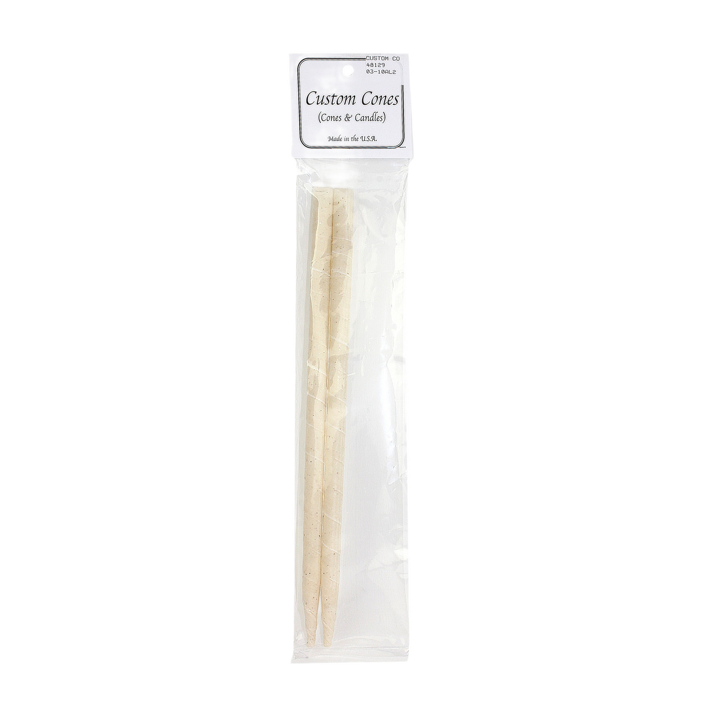 Two beige tapered ear wax candles in clear plastic packaging with labeled white header for personal care use