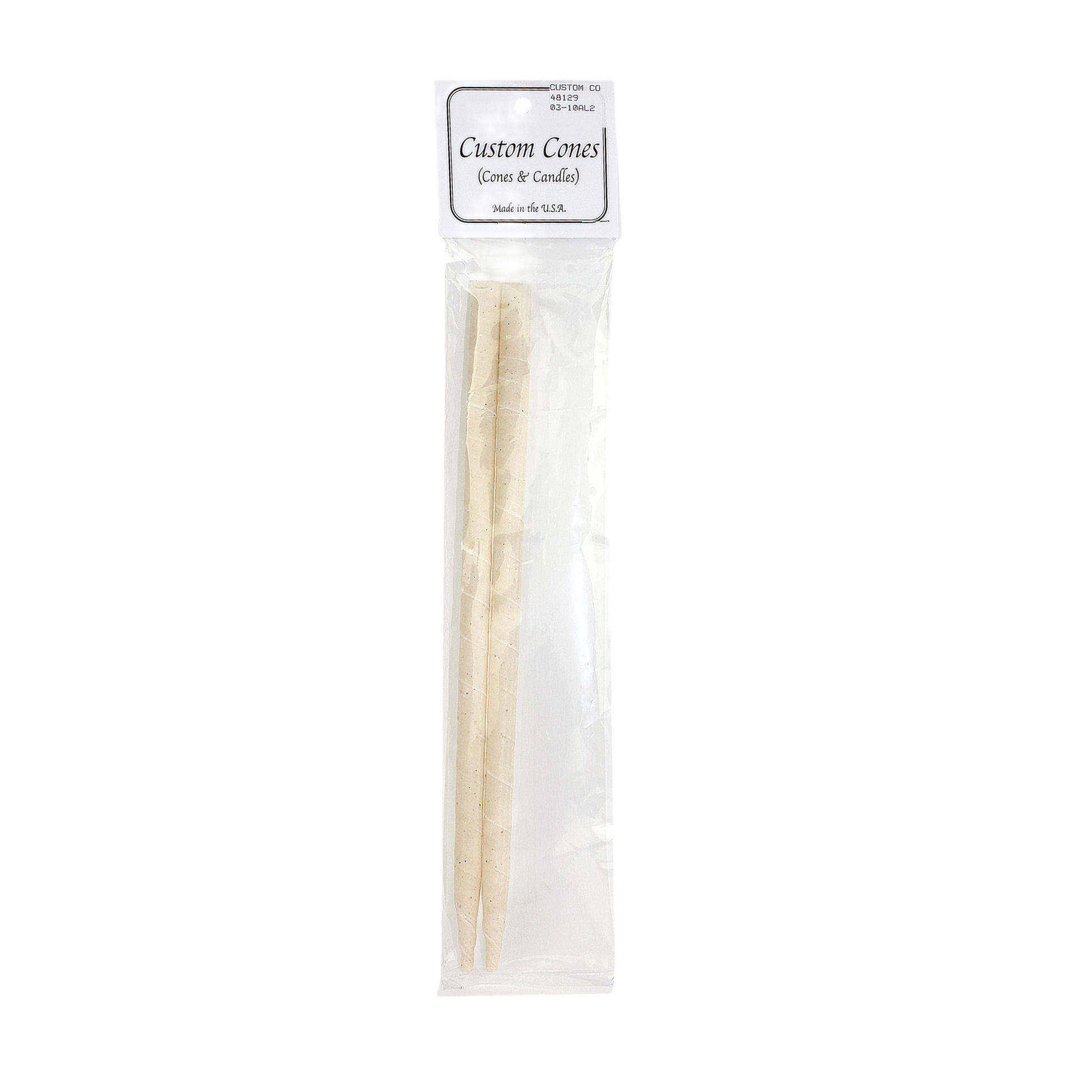 Two beige tapered ear wax candles in clear plastic packaging with labeled white header for personal care use