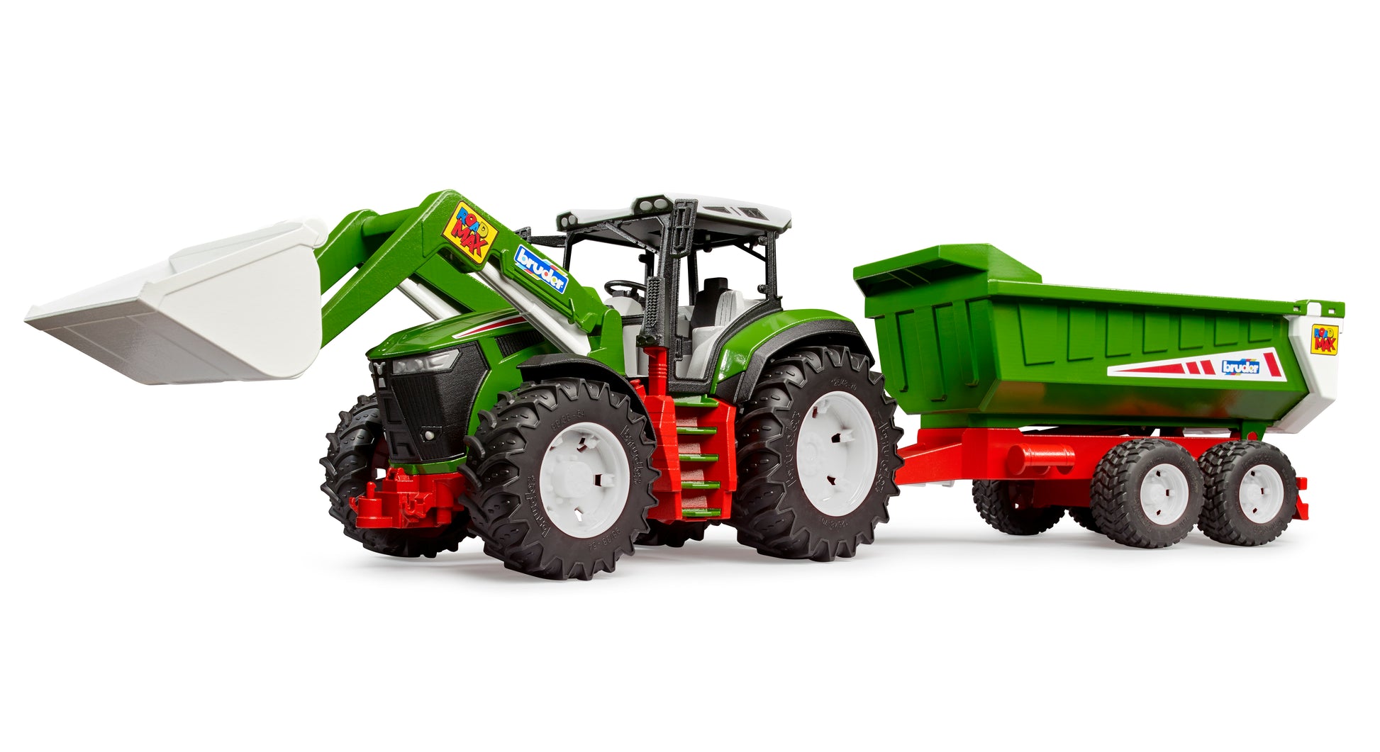 Green Roadmax toy tractor with front loader and tipping trailer from Bruder Toys in Vehicles & Remote Controlled Toys collection