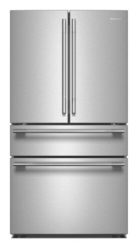 KitchenAid stainless steel French door refrigerator with two bottom freezer drawers and sleek vertical handles