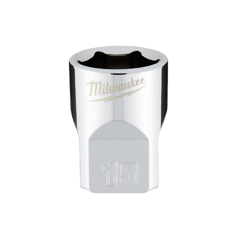 Chrome-finished 15mm 6-point socket with FOUR FLAT™ sides for improved grip in tools and home improvement projects