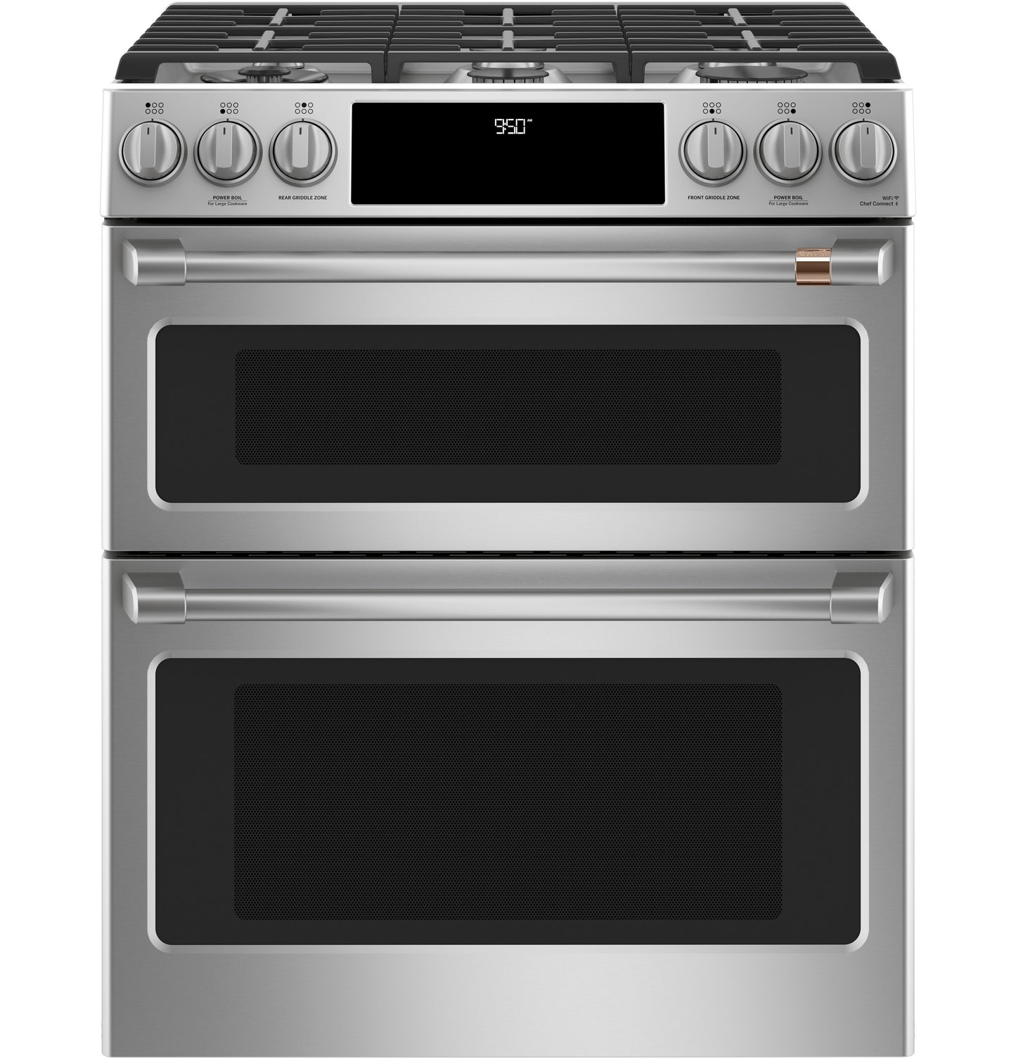 Stainless steel dual-oven range with front controls, six gas burners, and digital display in kitchen appliances collection