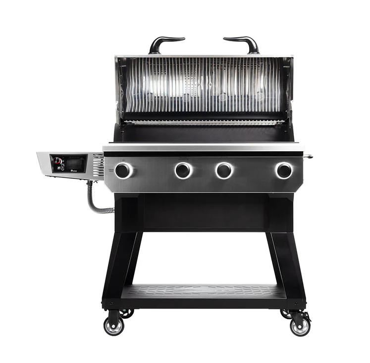 Stainless steel and black pellet grill with lid open, featuring four control knobs, digital control panel, and wheeled base for outdoor cooking and grilling.