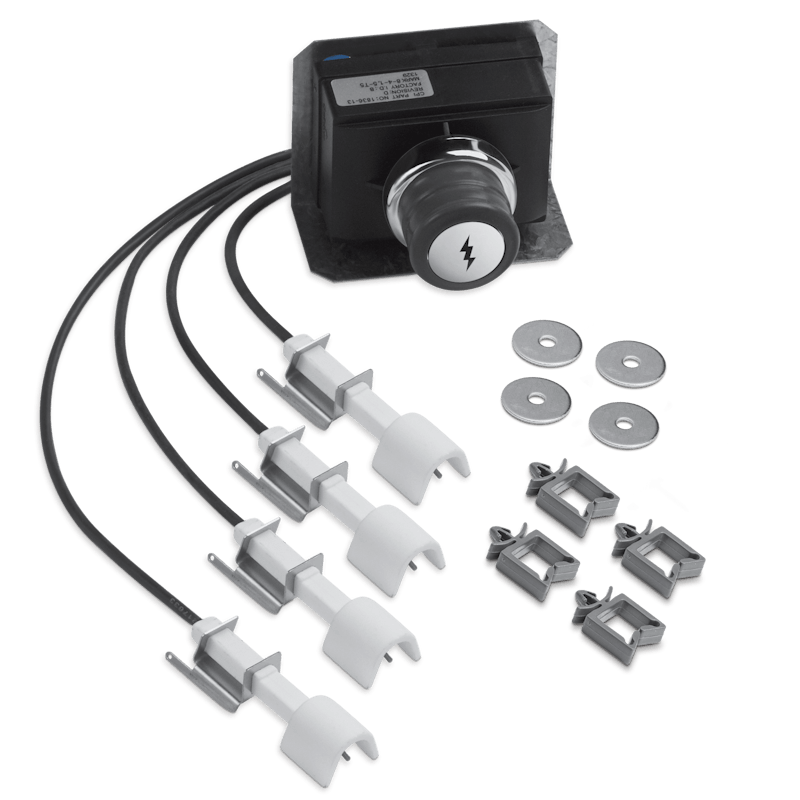 Replacement ignition kit with wires, connectors, and mounting hardware for outdoor grill accessory repair and maintenance.