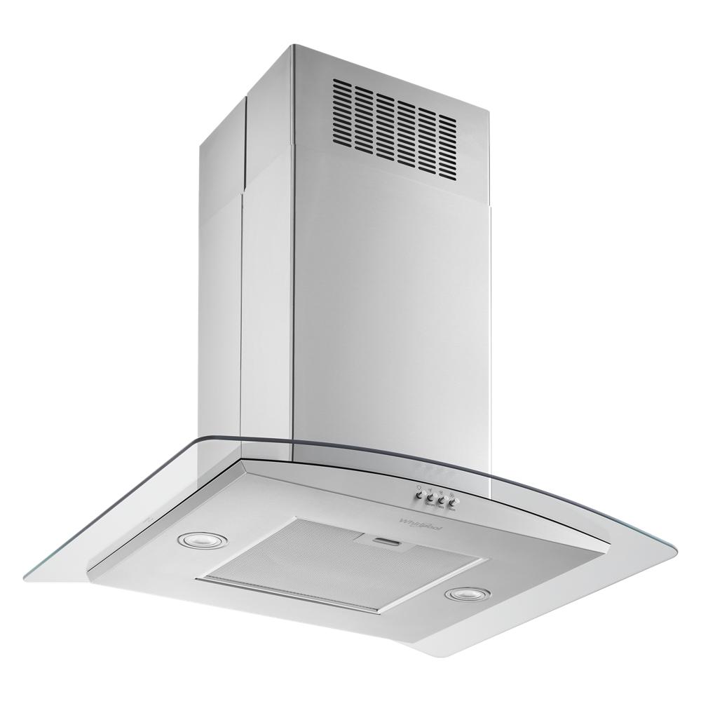 Stainless steel and curved glass island range hood with built-in lights and vent panel in Range Hoods collection