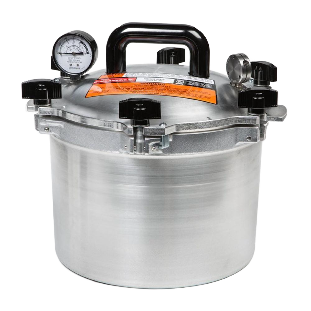 Aluminum pressure canner with black handles and dual pressure gauges, part of kitchenware and cooking essentials collection