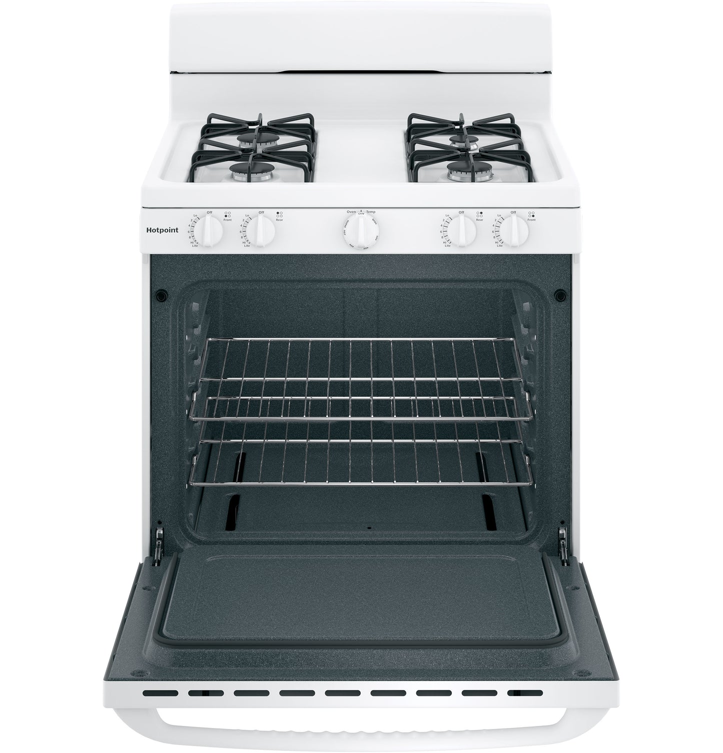 Front view of white Hotpoint 30-inch free-standing gas range with open oven door and two burners in kitchen appliances collection