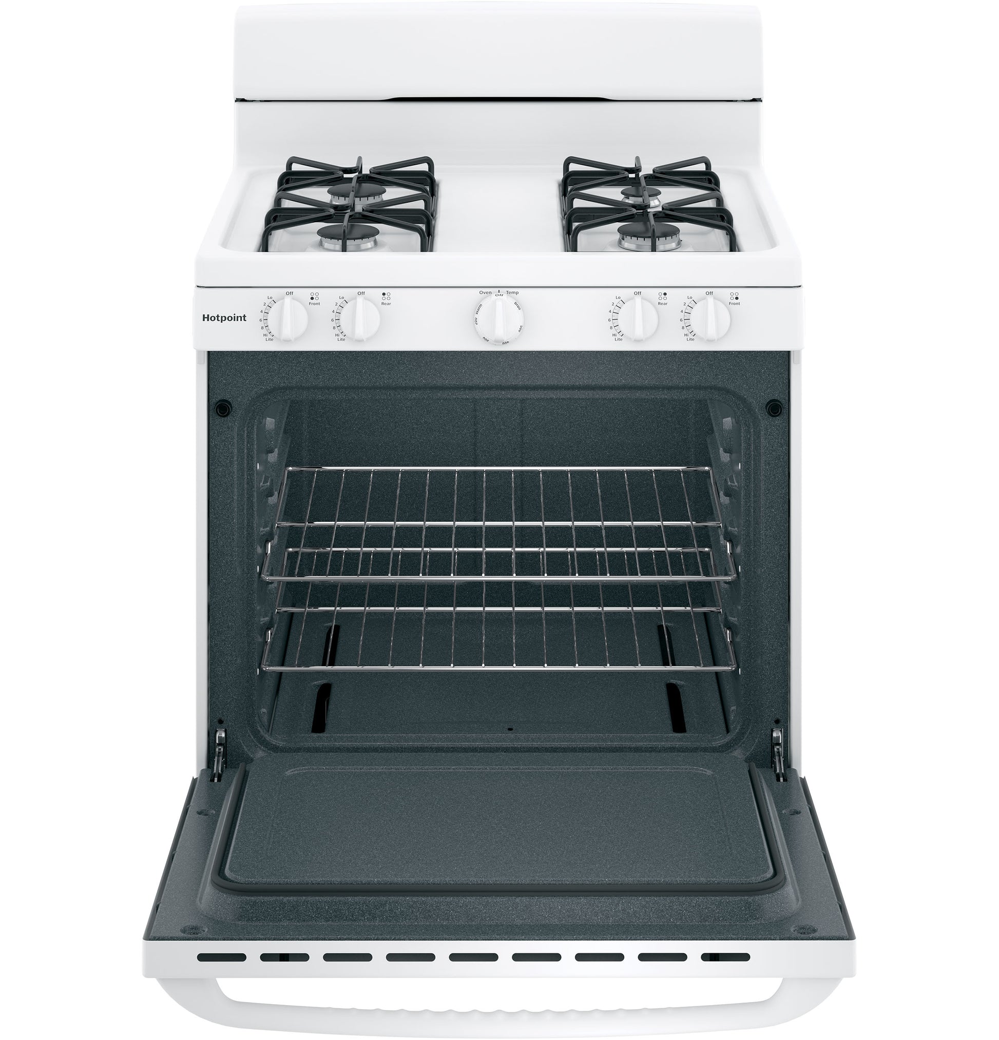Front view of white Hotpoint 30-inch free-standing gas range with open oven door and two burners in kitchen appliances collection