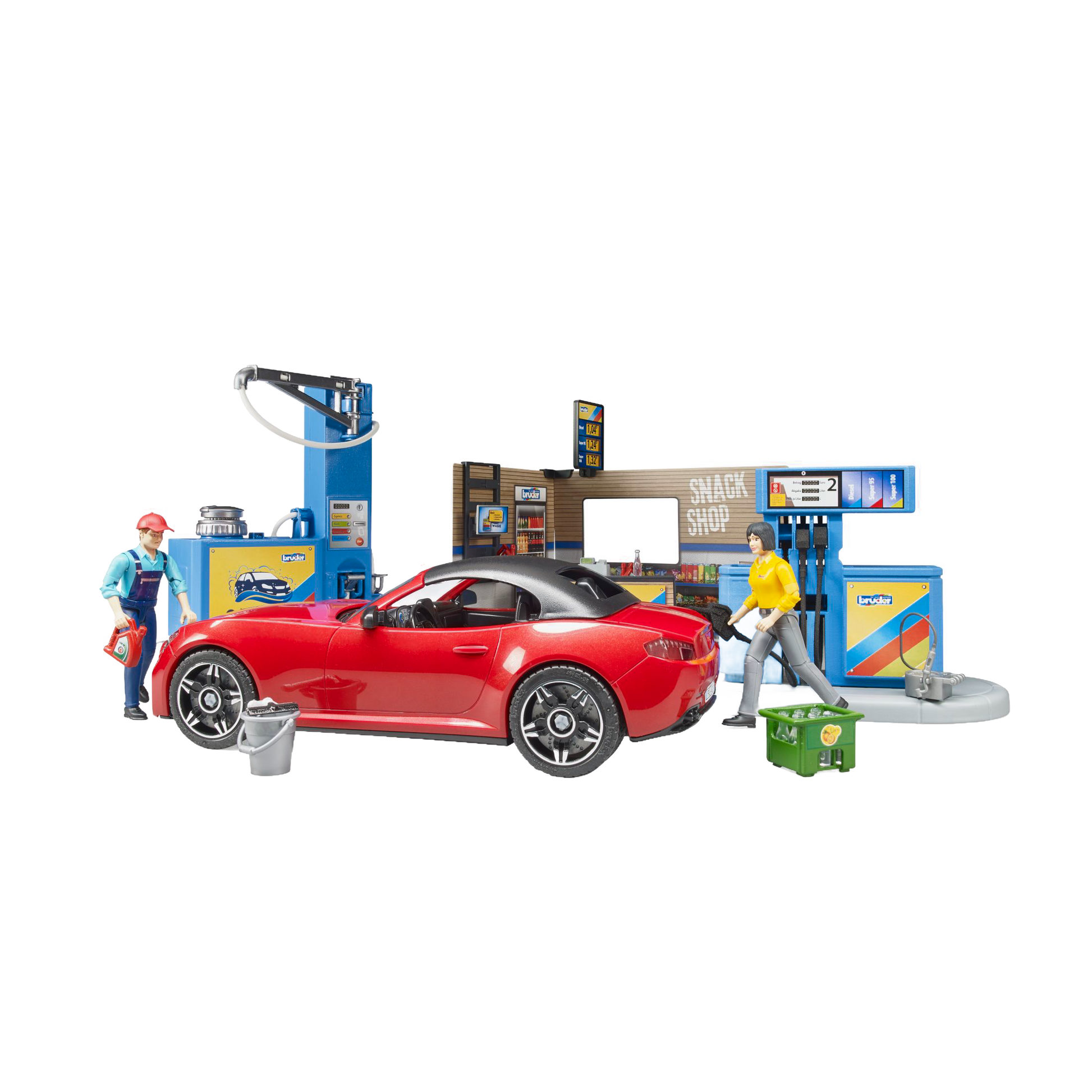 Bruder Bworld play set with red sports car, fuel pump, car wash, snack shop, and two toy figures in vehicles collection