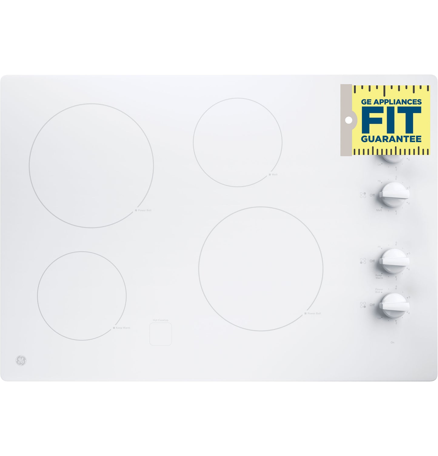 White 30-inch built-in electric cooktop with knob controls and four burners, part of kitchen and appliances collection