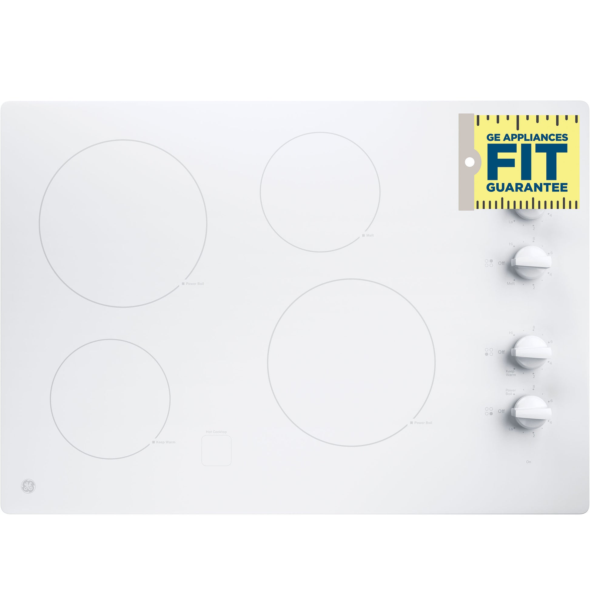 White 30-inch built-in electric cooktop with knob controls and four burners, part of kitchen and appliances collection