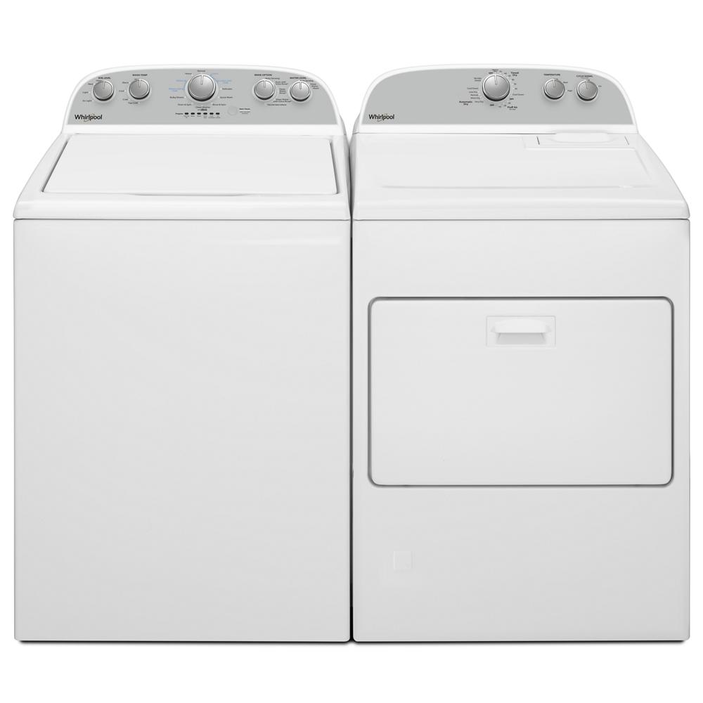 White matching washer and top load gas dryer with control panels in a modern laundry appliance set