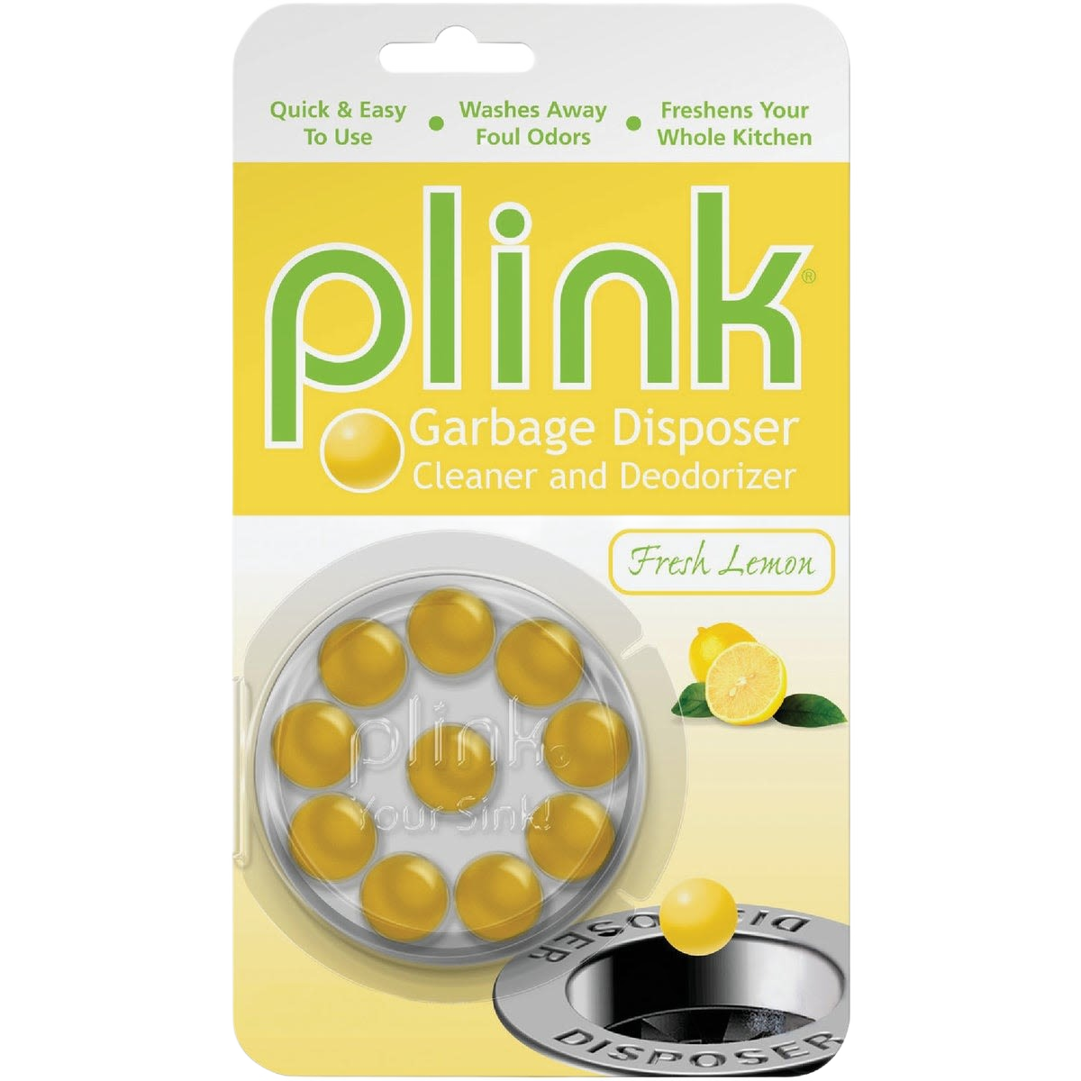 Package of Plink garbage disposer cleaner and deodorizer tablets with fresh lemon scent for home improvement use