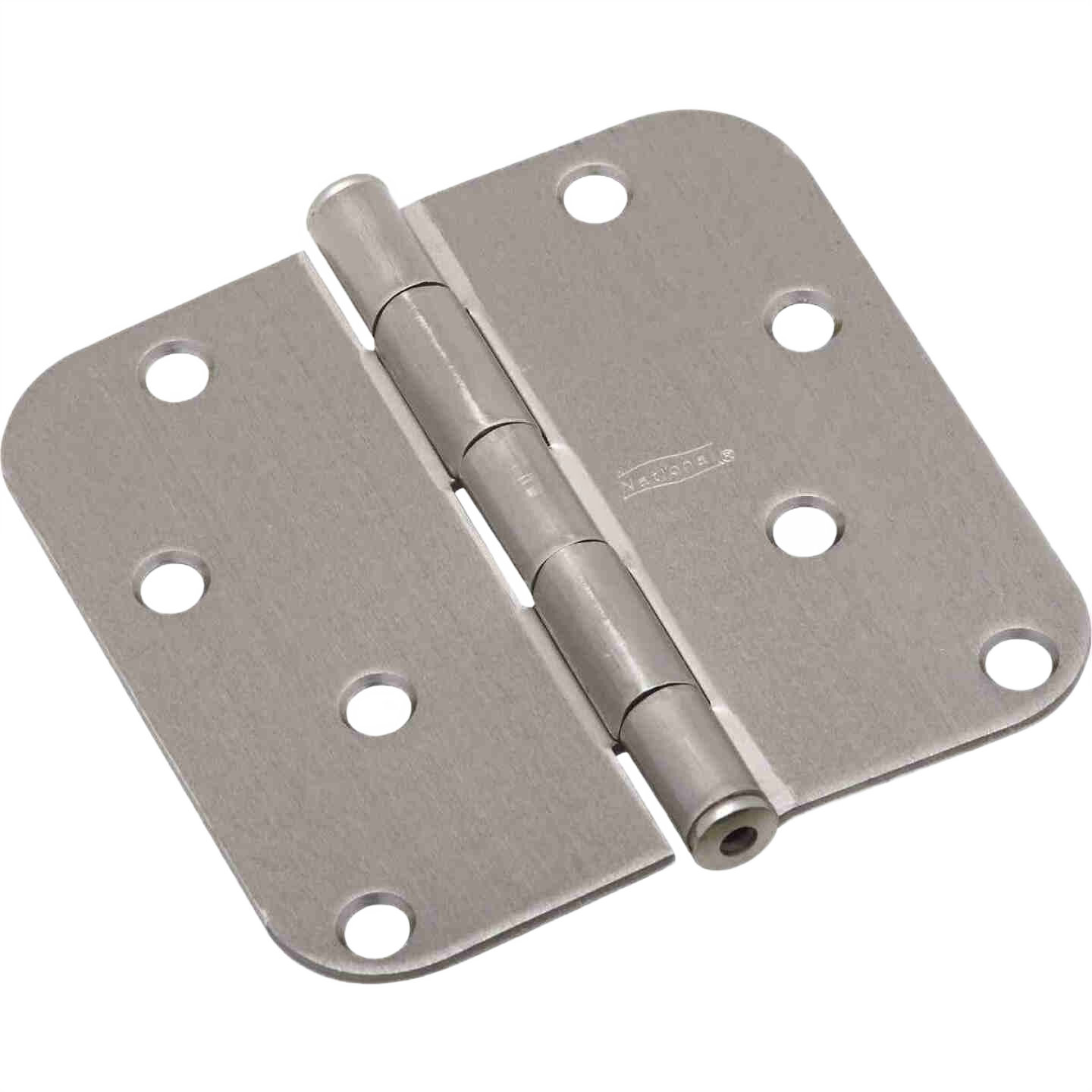 Satin nickel door hinge with rounded edges and multiple mounting holes for home improvement and hardware projects
