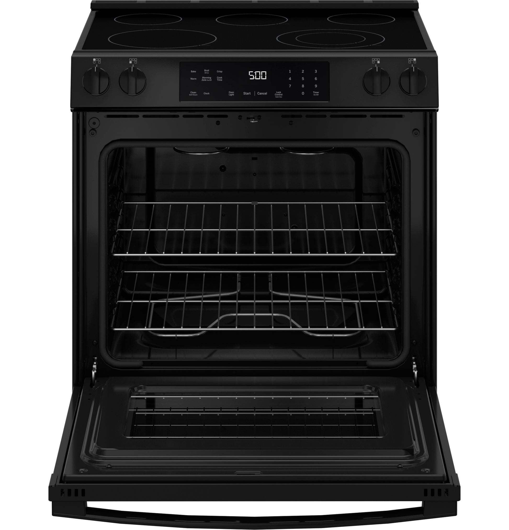 Black electric slide-in range with smooth cooktop, digital controls, and open oven featuring two racks from Ranges collection