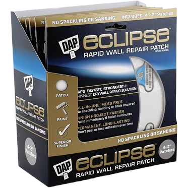 Box of DAP Eclipse rapid wall repair patches with paintable, no sanding or spackling required for home improvement tasks