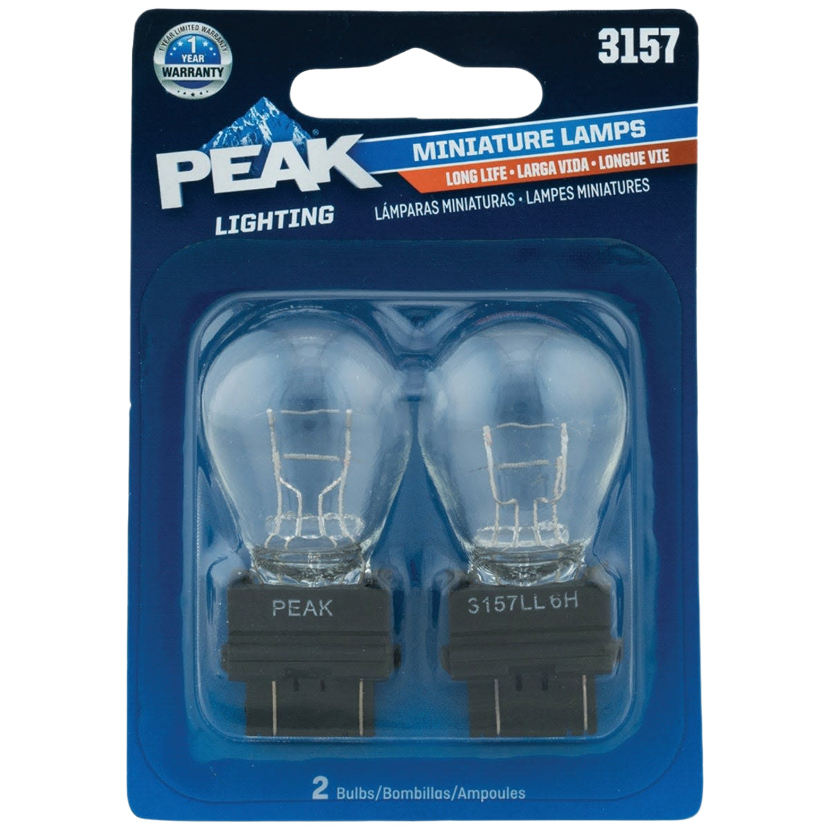 Two clear miniature automotive light bulbs with black bases in blue branded packaging for vehicle lighting replacement