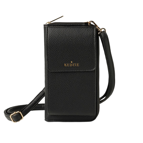 Compact black vegan leather smartphone crossbody with adjustable strap and goldtone details, part of accessories under $50 collection