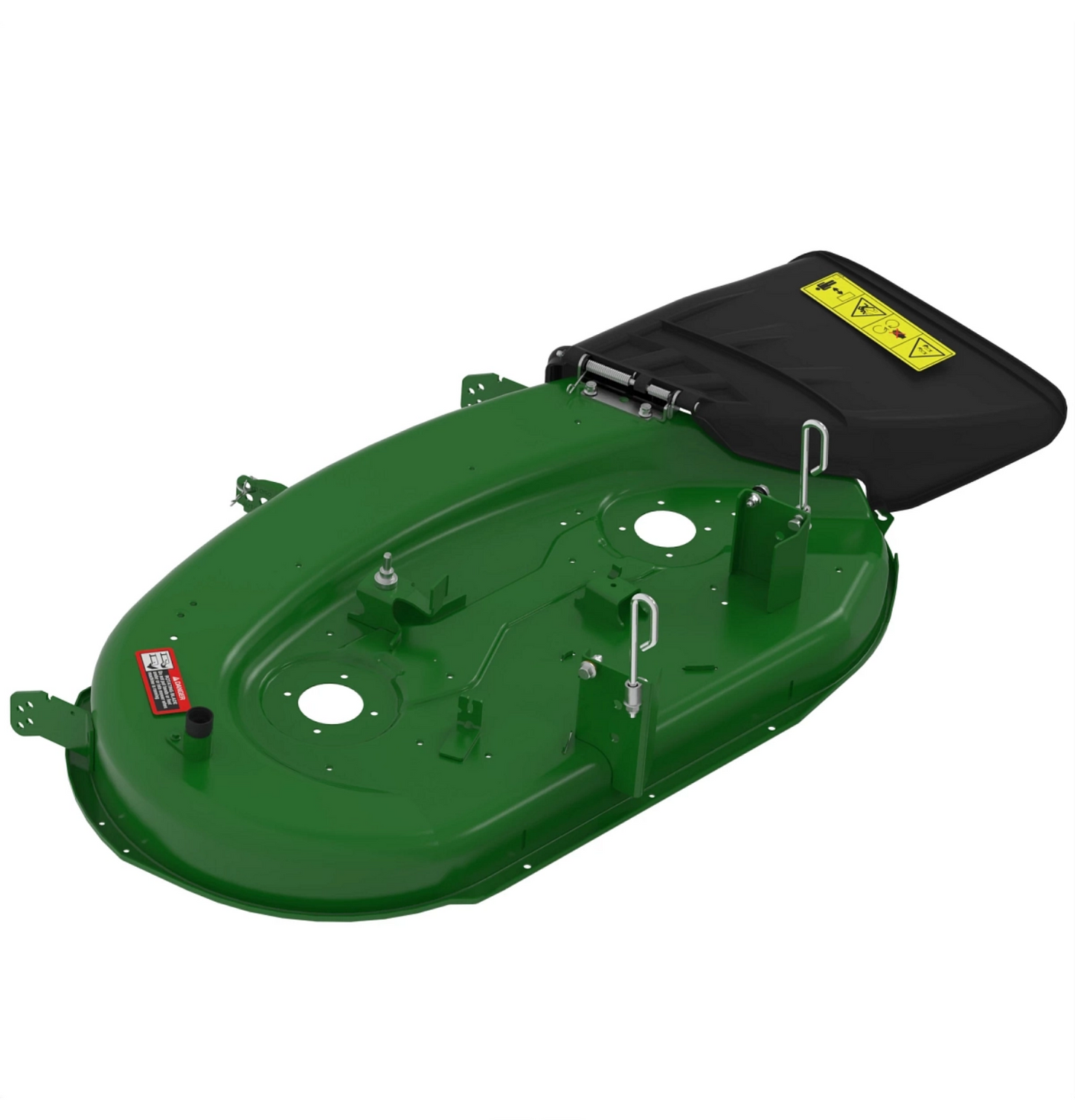 Green mower deck with black discharge chute, mounting brackets, and safety warning labels for lawn maintenance tools.