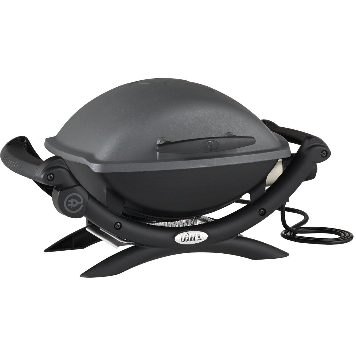 Portable gray electric grill with rounded lid, sturdy base, and attached power cord for convenient outdoor cooking