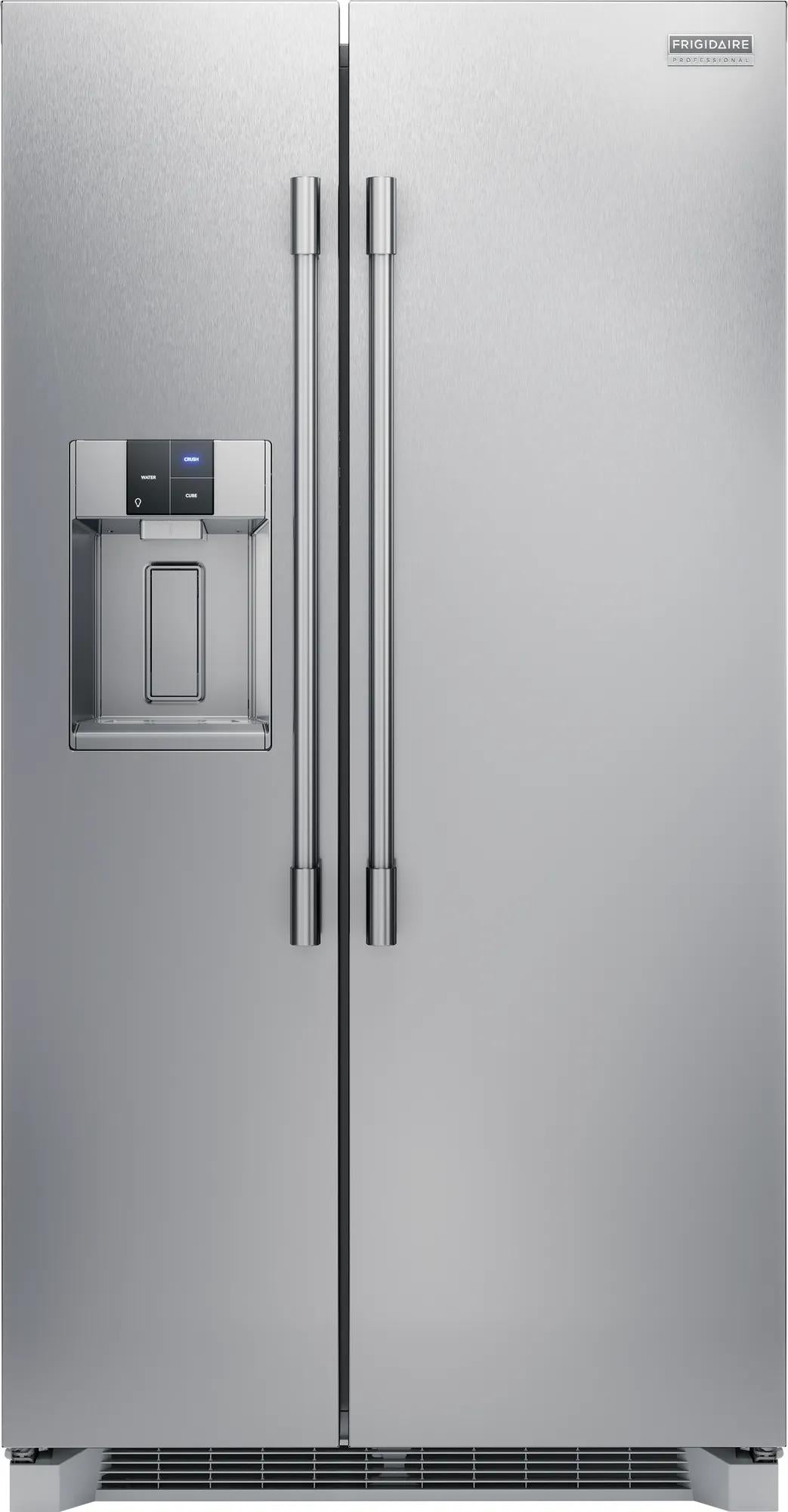 Stainless steel side-by-side refrigerator with water dispenser and digital controls from Kitchen & Kitchenware collection