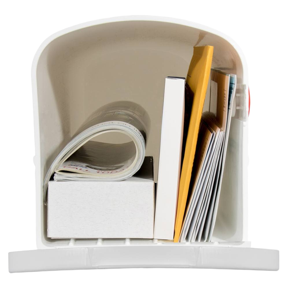 White medium plastic post mount mailbox filled with assorted mail and folded newspaper for home improvement use